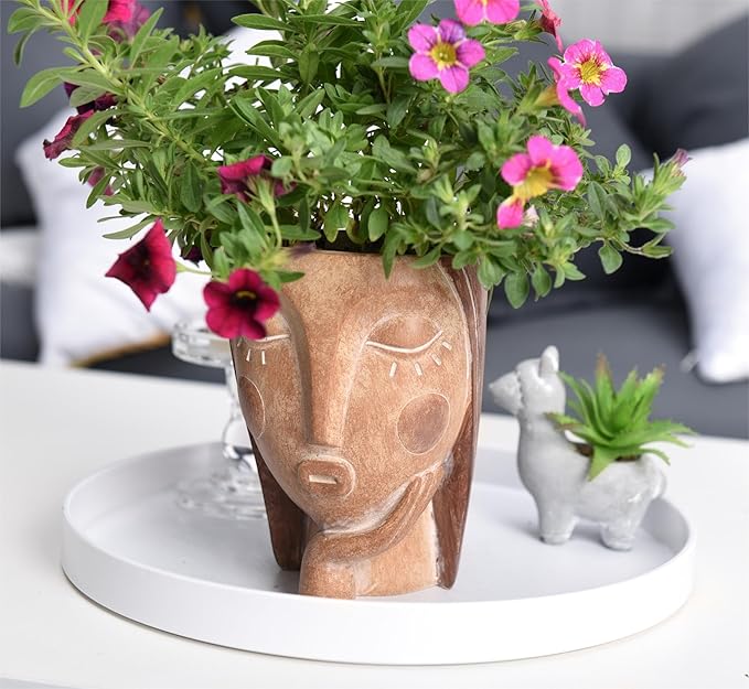 Head Planters for Indoor Plants, Face Flower Pot Head Planter Succulent Planters Unique Face Planter with Drainage Hole - Rustic Thinking Girl Closed Eyes Saysmile