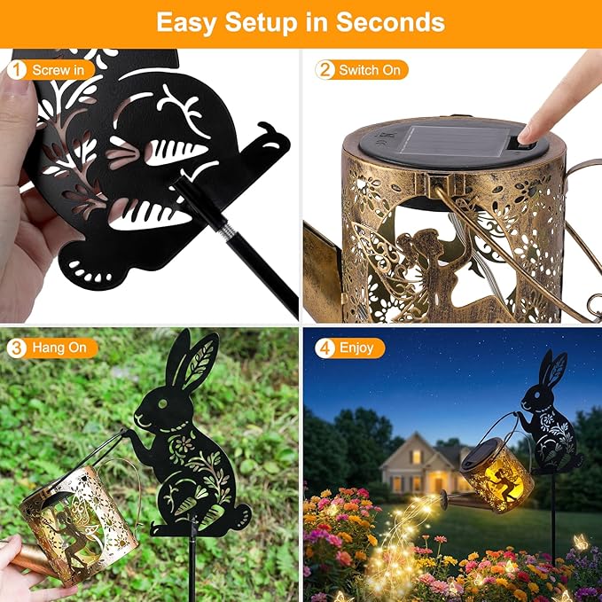 Solar Watering Can Light with Bunny Silhouette Stake & Fairy Design - Cascading LED String Light for Garden Yard Patio Decor, IP65 Waterproof Outdoor Gift for Mom, Women, Birthday, Housewarming Tremdwoto
