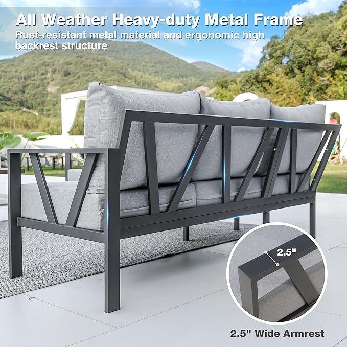 Outdoor Furniture Set, 6 Pieces Outdoor Couch Sectional, L Shaped Metal Patio Corner Sofa with 6” Thick Cushions, Patio Seating Conversation Set, Light Grey COMLAXFIELD