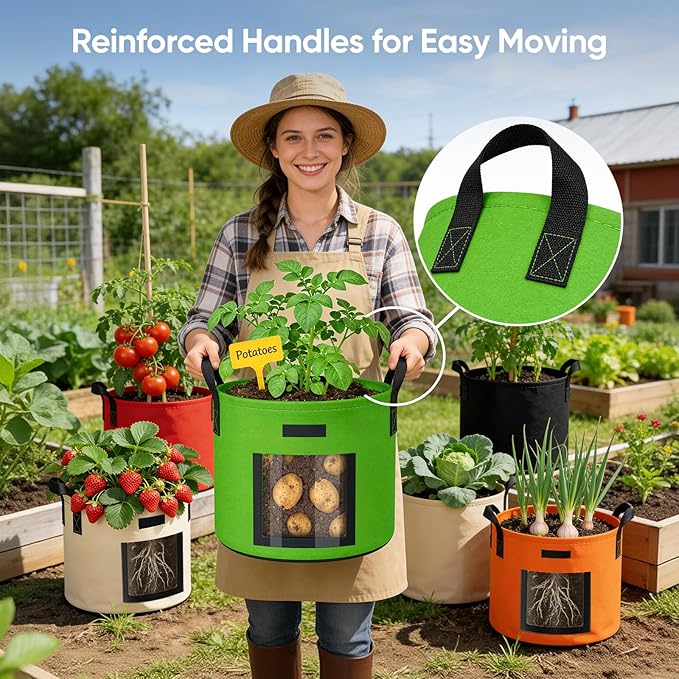 10 Gallon Potato Grow Bags: Set of 5 Colorful Gardening Supplies Fabric Pots with Harvest Window Reinforced Handles - Planting Container for Vegetable Tomatoes Carrot Flowers Balcony Patio Use NESSTU