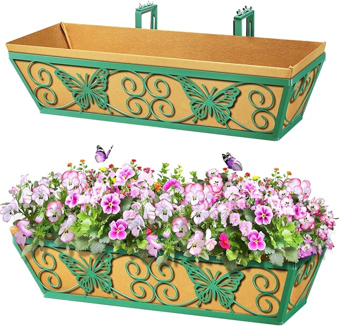 2 Pack 24 Inch Window Boxes Planters Railing Planter Box with Adjustable Brackets for Porch Fence Patio Balcony Hanging Flower Baskets with Woven Fabric for Outdoor Garden Decor - Green KarlliuHOMEGARDEN