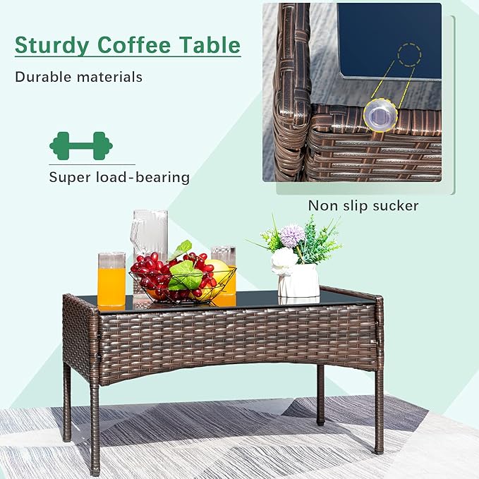 Greesum Patio Furniture 4 Pieces Conversation Sets Outdoor Wicker Rattan Chairs Garden Backyard Balcony Porch Poolside loveseat with Soft Cushion and Glass Table, Brown and Blue BuynowfromGreesum