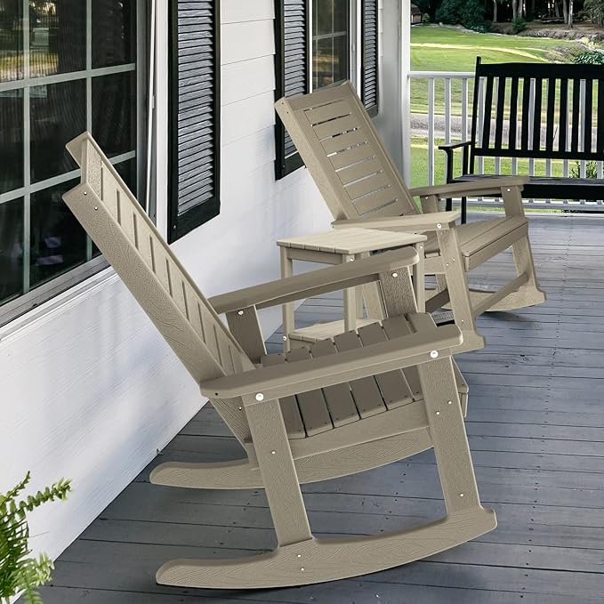 GREENVINES Outdoor Rocking Chairs | Set of 2 | Porch Rocker | HDPE Plastic | Wood Grain | Oversized Rockers | High Back | Big & Tall | Ladder Back | Desert Brown | for Patio Outside GreenVines