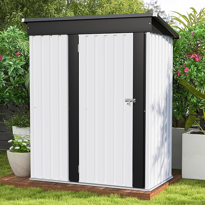 Patiowell 5x3 FT Outdoor Storage Shed, Garden Tool Shed with Sloping Roof and Lockable Door, Metal Shed for Backyard Garden Patio Lawn, White Patiowell