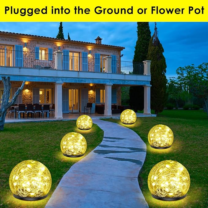 Solar Garden Lights, 2 Pack 80 LED Cracked Glass Solar Globe Lights Outdoor Decoration, Upgraded Waterproof Warm White Ball Lights for Yard Pathway Patio Lawn Christmas Outside Decor, 5.9" Keevvon