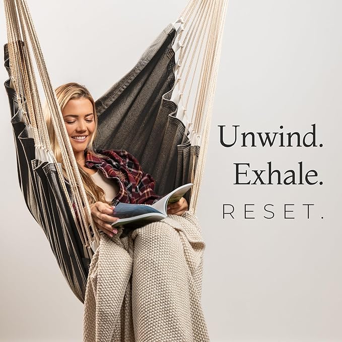 Hanging Hammock Chair Swing – Hanging Chair Outdoor & Indoor - Hammock Swing Chair – Quick & Easy Setup with Hardware Kit – Durable & Spacious Full Body Support – Holds 440 Lbs EXTIRIO