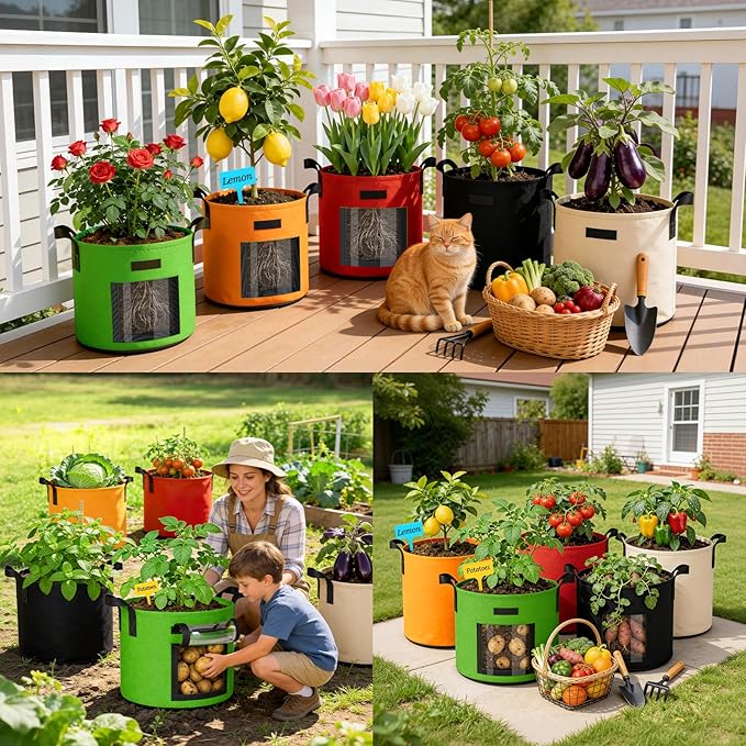 15 Gallon Potato Grow Bags: Set of 5 Colorful Gardening Supplies Fabric Pots with Harvest Window Reinforced Handles - Planting Container for Vegetable Tomatoes Carrot Flowers Balcony Patio Use NESSTU