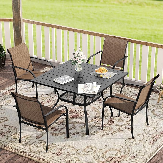 VICLLAX 5 Pieces Patio Dining Set, Outdoor Furniture Set Includes 1 Square Outdoor Table and 4 Stackable Patio Sling Chairs, Black Tabletop and Brown Fabric HOME