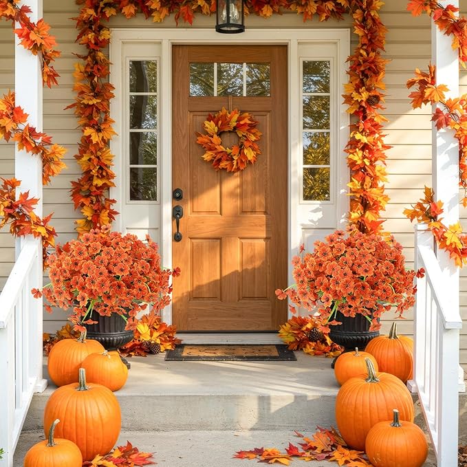 MACTING Artificial Fall Flowers for Outdoors 12 Bundles Faux Mums Plants Fake Silk Outdoor Flowers UV Resistant No Fade for Planters Front Door Porch Patio Outside Thanksgiving Autumn Decor,Orange MACTING