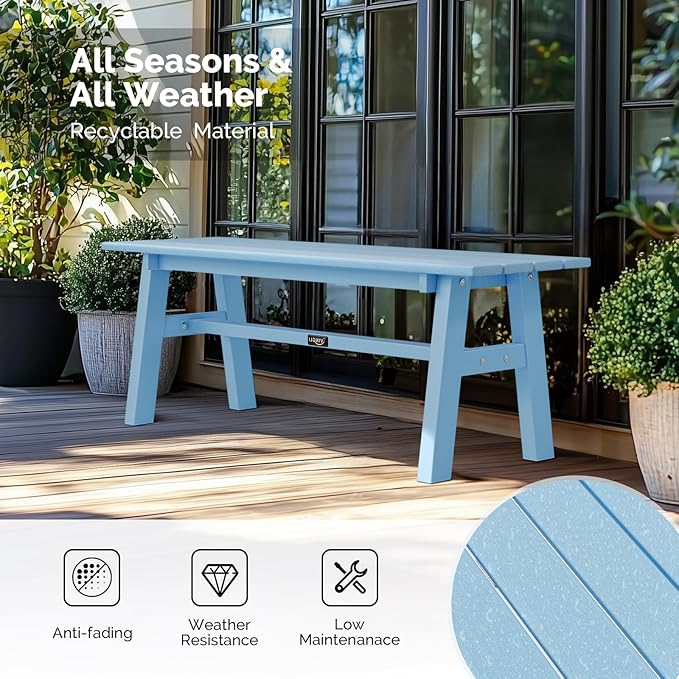 VINGLI 47” Outdoor HDPE Bench, Weatherproof Garden Bench w/Metal Legs, Poly Lumber Porch Benches, 660 LBS Capacity Outdoor Backless Patio Benches for Entryway Deck (Blue) VINGLI