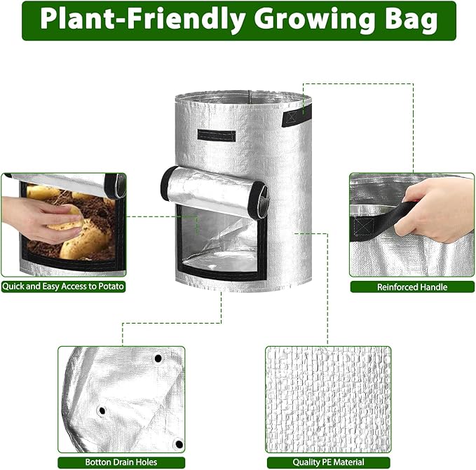 JJGoo Potato Grow Bags, 4 Pack 10 Gallon Potato Planter with Flap and Handles Planter Pots for Onion, Fruits, Tomato, Carrot - Grey JJGoo