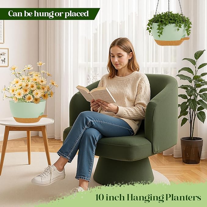 2 Pack 10 Inch Self Watering Hanging Planters for Indoor Plants, Large Green Brown Plastic Hanging Pots with Chains for Outdoor Patio Garden Home Decor (Green Brown) zople