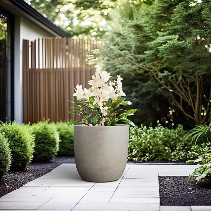Kante 16.5" Dia Round Concrete Planter, Large Outdoor Modern Indoor Decorative Plant Pots with Drainage Hole and Rubber Plug for Home and Garden, Weathered Concrete Kante