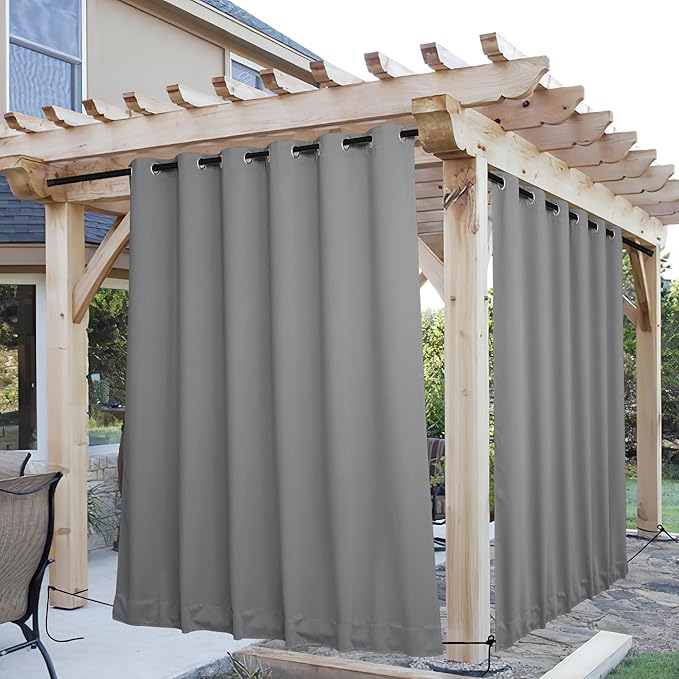 NICETOWN 2 Panels Outdoor Curtains for Patio Waterproof & Windproof, Grommet & Back Tab on Top & Bottom Weighted Drapes Keep Sun/Rain Out with Bouns Rope for Deck, Light Grey, W84 x L95 NICETOWN
