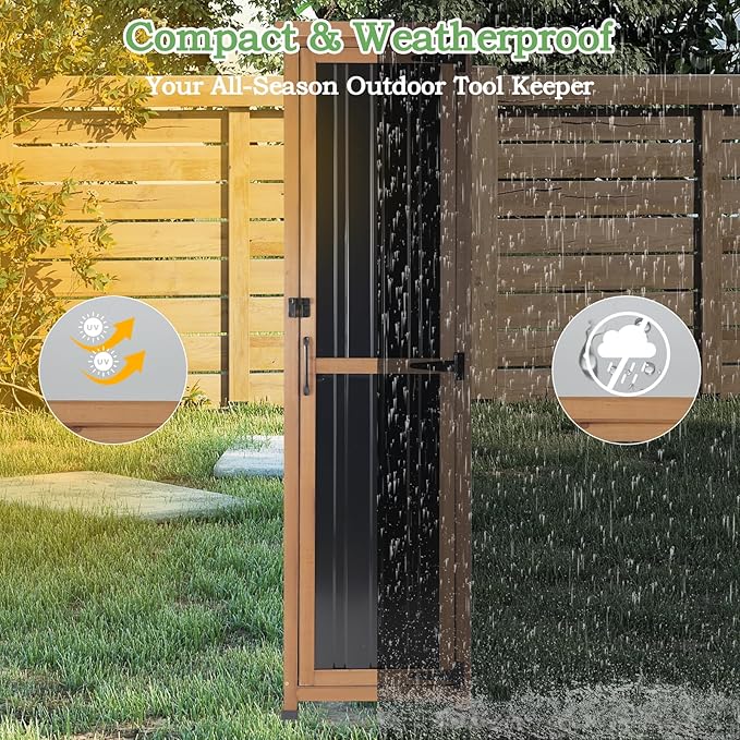 62" H Tall Narrow Outdoor Storage Cabinet with Metal Top, Outdoor Shed Storage Unit Waterproof with Adjustable Shelves for Garden, Patio, Living Room, or Entryway Storage, Black PETSCOSSET