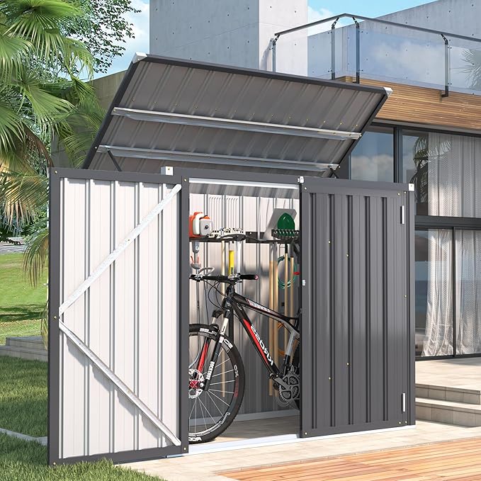 AECOJOY Outdoor Trash Can Storage Shed, 46 Cu.Ft Outside Garbage Can Storage Shed, Dark Grey Outdoor Horizontal Storage Cabinet Waterproof, Bike Sheds & Outdoor Storage Clearance AECOJOY