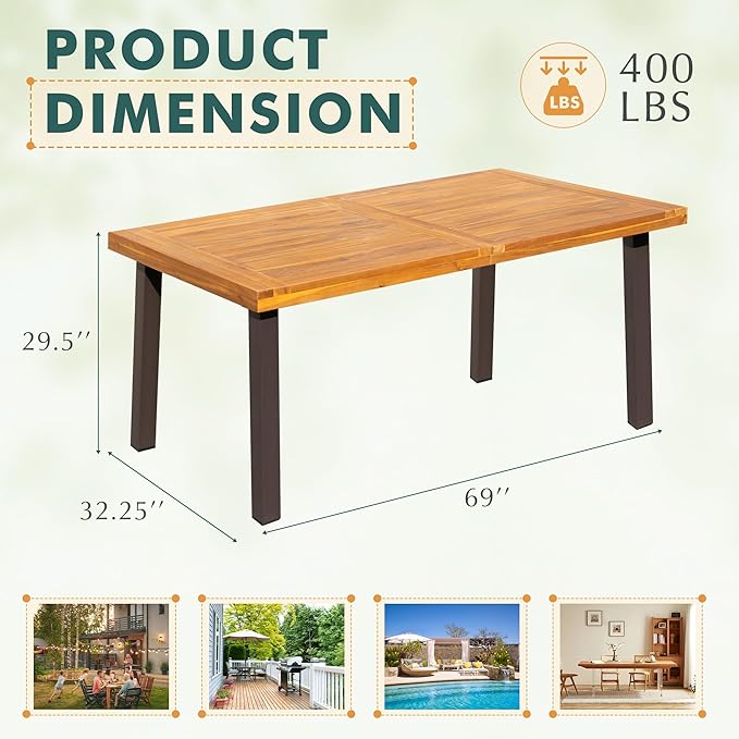 Flamaker Dining Table for 6 Acacia Wood Indoor Outdoor Home Kitchen Table with Iron Legs Large Rectangular Patio Table for Deck, Sunroom Flamaker
