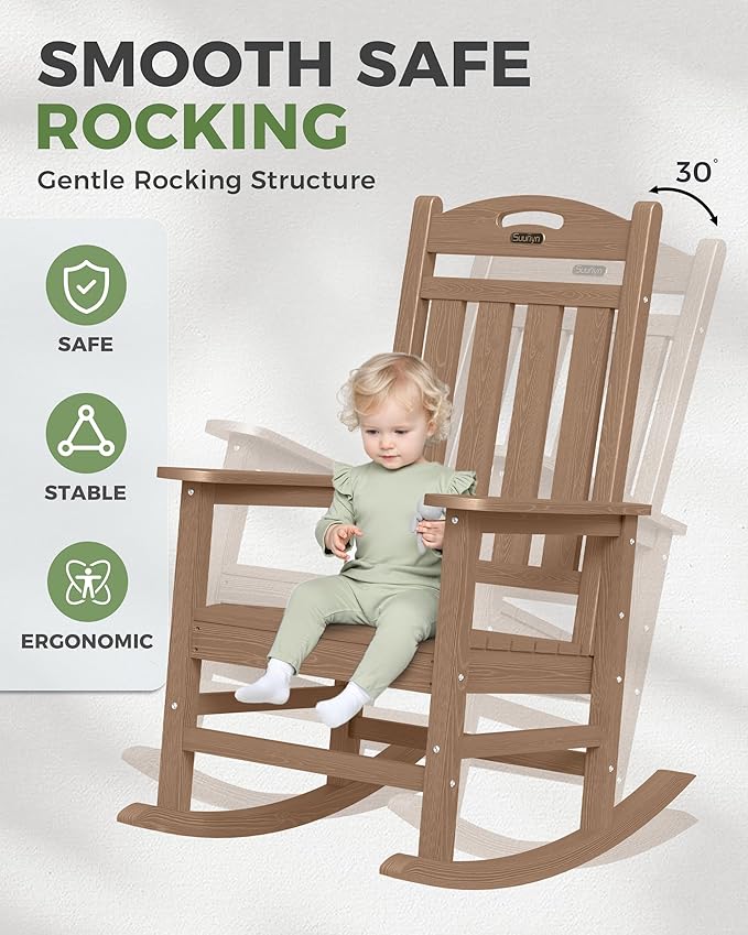 Oversized Rocking Chair Outdoor, High Back Porch Rocker Chair, HDPE All Weather Resistant Rocking Chairs for Patio, 386lbs Weight Capacity, Teak Suunyn