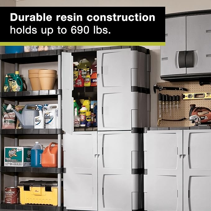 Rubbermaid Freestanding Storage Cabinet Five Shelf with Double Doors Lockable Large 690-Pound Capacity Gray For Garage/Outdoor Garden Tools/Toys/Power Tools/Pool Accessories Grey Rubbermaid