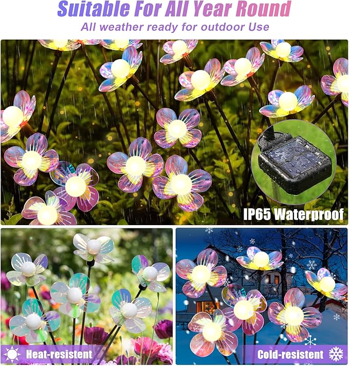 Solar Garden Lights Outdoor, New Upgraded 4-Pack Firefly Solar Lights with Iridescent Petals & Warm White Glow - Waterproof Wind-Swaying Decor for Yard, Patio NBQQ
