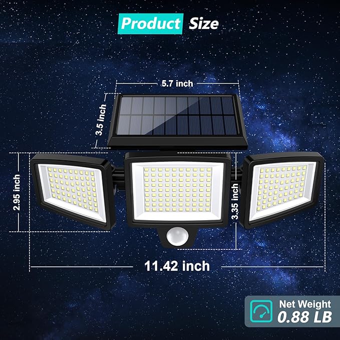 Tuffenough Solar Outdoor Lights 2500LM 210 LED Security Lights with Remote Control,3 Heads Motion Sensor Lights, IP65 Waterproof,270° Wide Angle Flood Wall Lights with 3 Modes(1 Packs) SolarOutdoorLights