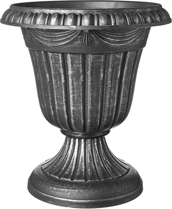Arcadia Garden Products PL10SL Classic Traditional Plastic Urn Planter Indoor/Outdoor, 15" x 13", Brushed Silver Rootora