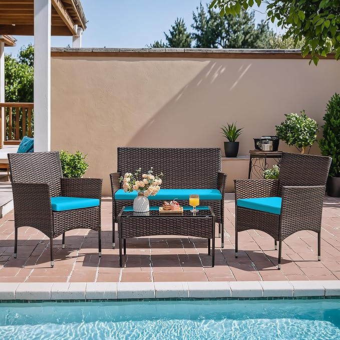 Homall 4 Pieces Patio Rattan Chair Wicker, Outdoor Indoor Use Backyard Porch Garden Poolside Balcony Furniture Sets (Blue) Homall