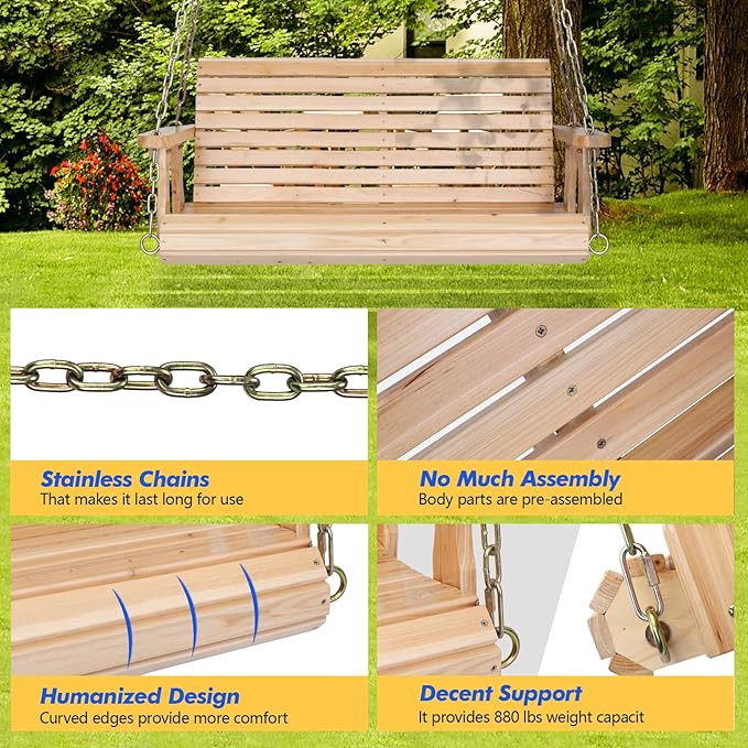 VINGLI Upgraded Patio Wooden Porch Swing for Courtyard & Garden, Heavy Duty 880 LBS Swing Chair Bench with Hanging Chains for Outdoors (Natural, 4 FT) VINGLI