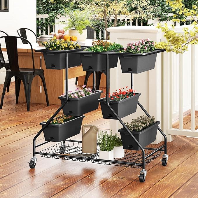 Giantex Rolling Raised Garden Bed w/ 7 Planter Boxes, Storage Baskets, Drainage Holes, 4 Lockable Casters, 3-Tier Freestanding Elevated Planter for Strawberry Vegetable Flower Herb Giantex
