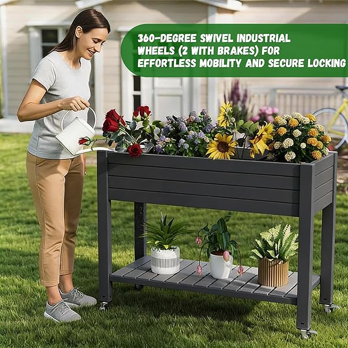 Elevated Raised Garden Bed with Legs, 33.66" Tall Self-Watering Resin Outdoor Planter Box with Storage Shelf, Drain Plug Water & Monitor for Plants Vegetables Flowers Fruits (Black) GYMHILL