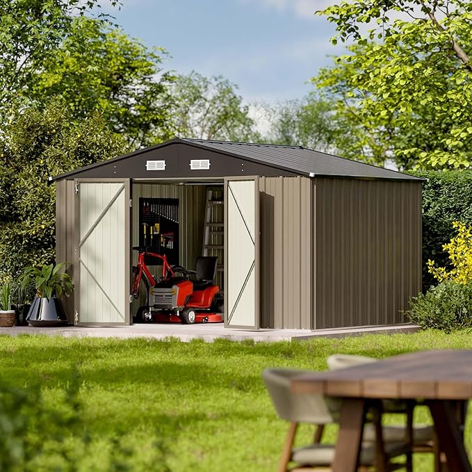 Patiowell 10 x 8 FT Outdoor Storage Shed, Large Garden Tool Metal Shed with Sloping Roof and Double Lockable Door, Outdoor Shed for Backyard Garden Patio Lawn, Brown Patiowell