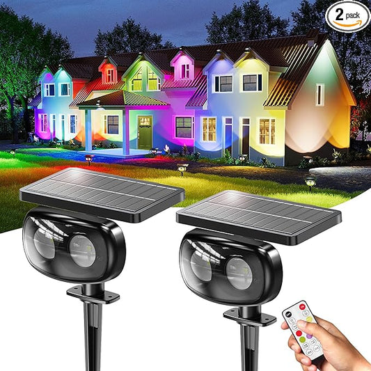 Solar Spot Lights Outdoor Waterproof IP68, RGB Colors Changing Solar Lights with 4 Lighting Modes, Solar Powered Lights Outdoor for Garden Yard Outside Landscape (2Pack) Rootora