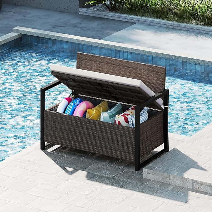 Tangkula 40 Gallon Outdoor Bench with Storage, Patio Wicker Storage Bench with Cushion, Cover, Metal Frame, Deck Box Seat for Backyard, Poolside, Balcony, Garden TANGKULA