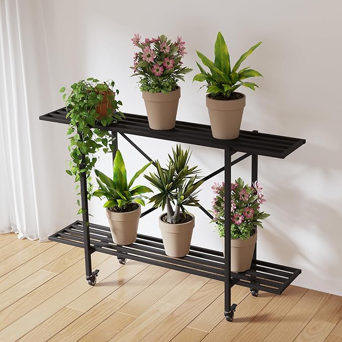 Zhongma 2 Tier Metal Sturdy Narrow Plant Stand with Wheels, Plant Stand Indoor and Outdoor, L45.67 x W10.3 x H29.9 inch, 440 LBS Capacity & Heavy Duty Construction. Zhongma