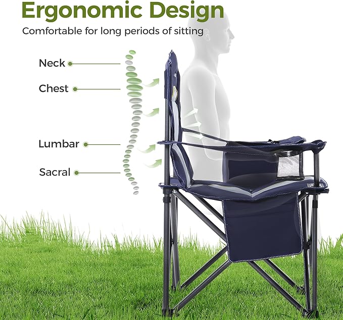 ALPHA CAMP Heavy Duty Camping Chair 500LBS Capacity, Oversized Folding Chair for Heavy People, Padded Portable Outdoor Chair with Cooler Bag & Cup Holder for Camping, Fishing, Beach ALPHACAMP