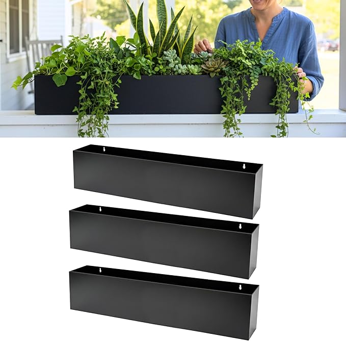 LaLaGreen Wall Planters for Outdoor Plants (36 Inch, 3 Pack) Carbon Steel Black Metal Hanging Flower Pot for Succulents, Wall Mount Rectangular Long Window Sill Box Balcony Fence Garden Deck Decor L%C3%A1L%C3%A1Green