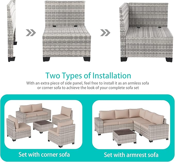 6-Piece Outdoor Patio Furniture Set Wicker Sectional Sofa Set, Patio Conversation Set with Thickened Cushions & Coffee Table for Garden, Backyard, Poolside, Beige MuphyersPatioFurniture