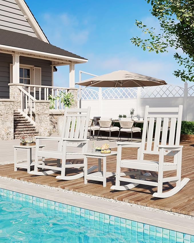 GarveeLife Poly Lumber Rocking Chair Outdoor Set of 4 with 2 Side Table - HDPE High Back Porch Rocker Chairs for Adults - All Weather Resistant Furniture for Patio - White GarveeLife