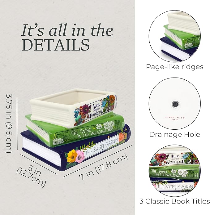 Steel Mill & Co Original Small Book-Shaped Decorative Planter, Ceramic Planter for Home Decor, Cute Bookshelf Accent, Unique Planter for Book Lovers, Alice/Wind in the Willows/Secret Garden SteelMillCo