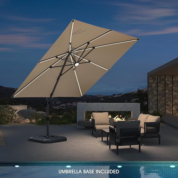 PURPLE LEAF 10 Feet Patio Umbrella with Base Outdoor Cantilever Solar Powered LED Square Umbrella Aluminum Offset Umbrella with 360-degree Rotation for Garden Deck Pool Patio, Beige PURPLELEAF