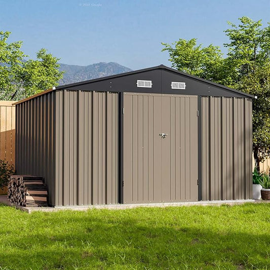 Patiowell 10 x 8 FT Outdoor Storage Shed, Large Garden Tool Metal Shed with Sloping Roof and Double Lockable Door, Outdoor Shed for Backyard Garden Patio Lawn, Brown Patiowell