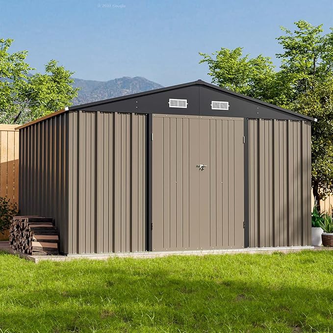 Patiowell 10 x 8 FT Outdoor Storage Shed with Floor Frame, Large Garden Tool Metal Shed with Sloping Roof and Double Lockable Door for Backyard Garden Patio Lawn,Brown Patiowell