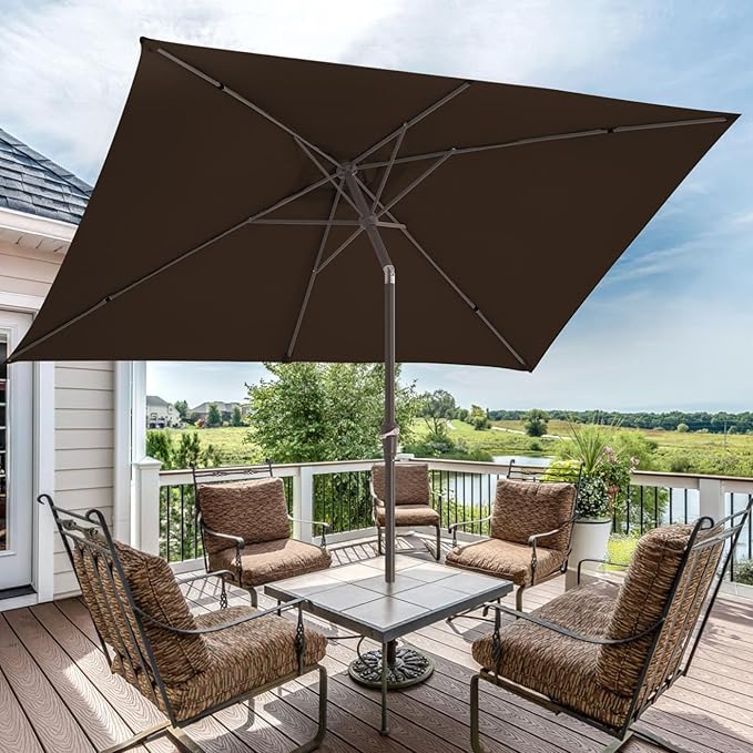 JEAREY 6.5x10 ft Rectangular Patio Umbrellas Rectangle Outdoor Umbrella with Push Button Tilt and Crank, Market Table Umbrella 6 Sturdy Ribs UV Protection for Poolside Garden Backyard Deck, Brown JEAREYOutdoorsCollection