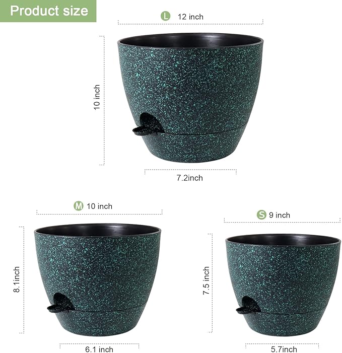 12/10/9 inch Large Self Watering Pots, Planter, Plant Pots with Mesh Drainage Holes for Indoor Outdoor Garden Plants, Plastic Flower Pots with Deep Reservoir, Black with Green Speckles WSMKSZ