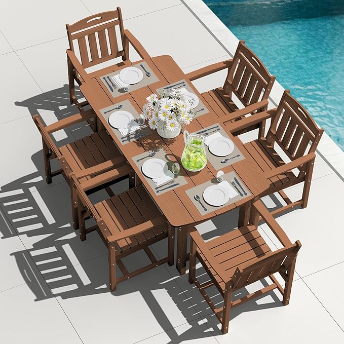 HDPE Outdoor Dining Set, Patio Table and Chairs Set, All-Weather 7-Piece Outside Table and 6 Chairs, 2" Umbrella Hole, Outdoor Furniture for Garden, Poolside, Backyard, Deck | Teak Suunyn