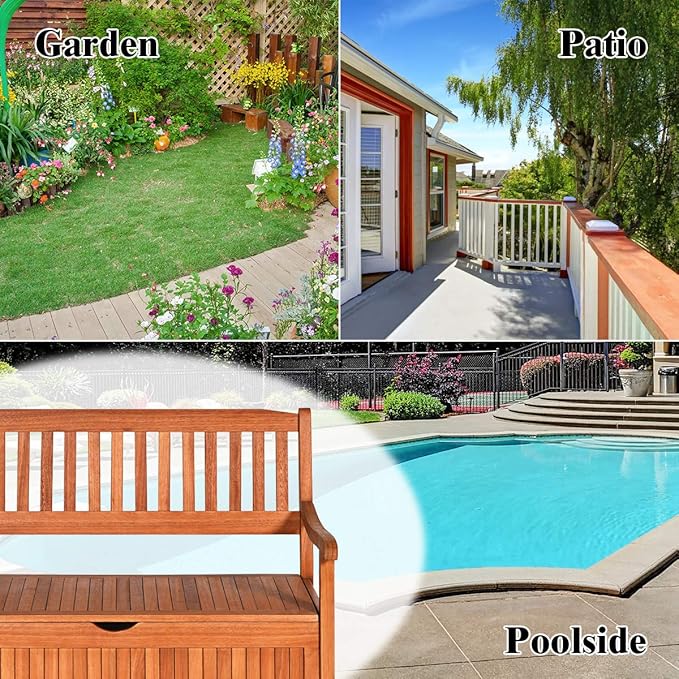 Tangkula Outdoor Wood Storage Bench Deck Box, Entryway Porch Storage Bench with Inner Removable Dust-Proof Lining & Portable Handles, Eucalyptus Wood Loveseat for Garden, Lawn, Balcony & Yard TANGKULA