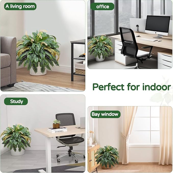 Large Autumn 88 Leaves Artificial Ferns for Outdoors Look Real, Fake Large Faux Boston Ferns for Outdoor Planter Realistic UV Resistant Artificial Fake Plants for Porch Patio Hanging 47 inch FAJUNZH