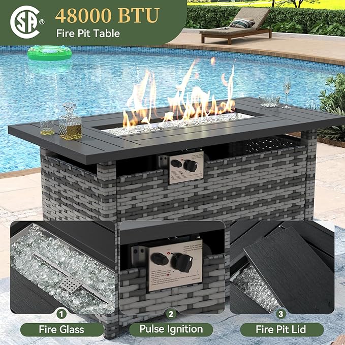 Aoxun 12 Piece Patio Furniture Set with 44” Fire Pit Table Wicker Rattan Outdoor Sectional Sofa Set with Coffee Table and Thickened Cushions, Grey/Black (Waterproof Cover Included) Aoxun