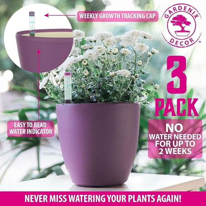 GARDENIX DECOR Self Watering Pots for Indoor Plants 3 Pack - Flower Pot with Water Level Indicator for Plants, Grow Tracking Tool - Self Watering Planter Plant Pot - Coco Coir - Purple Rootora