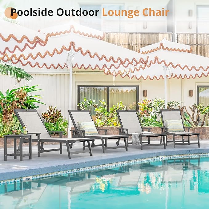 LUE BONA Chaise Lounge Chair Outdoor Set of 4, HDPS and HDPE Wicker Chaise Lounger with 5 Positions, Pool Lounge Chairs with Wheels and Adjustable Backrest for Patio, Poolside, Deck, Backyard LUEBONA